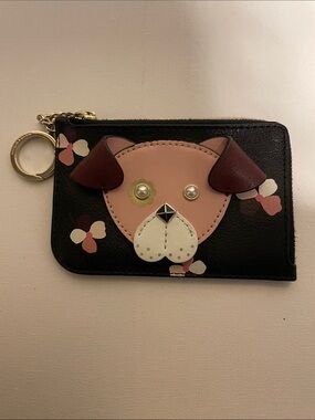 kate spade Black Floral Dog Appliqué Card Wallet with Pink and Brown Accents